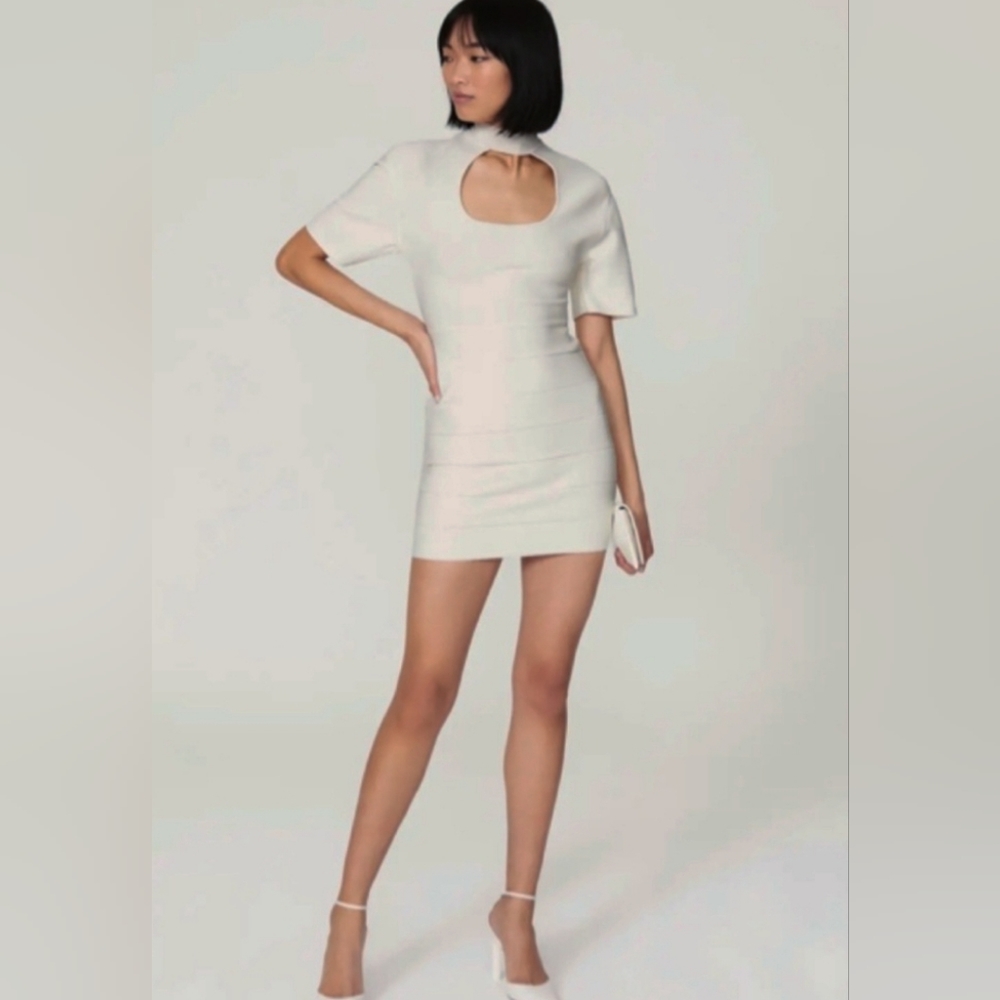 Herve Leger Icon Cutout  Sheath Mini Dress White Mock Neck